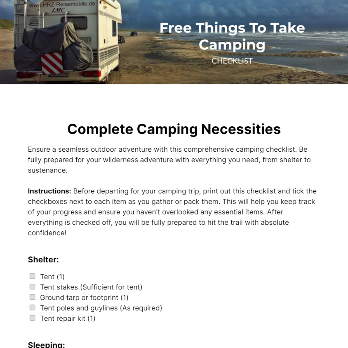 Things To Take Camping Checklist Template