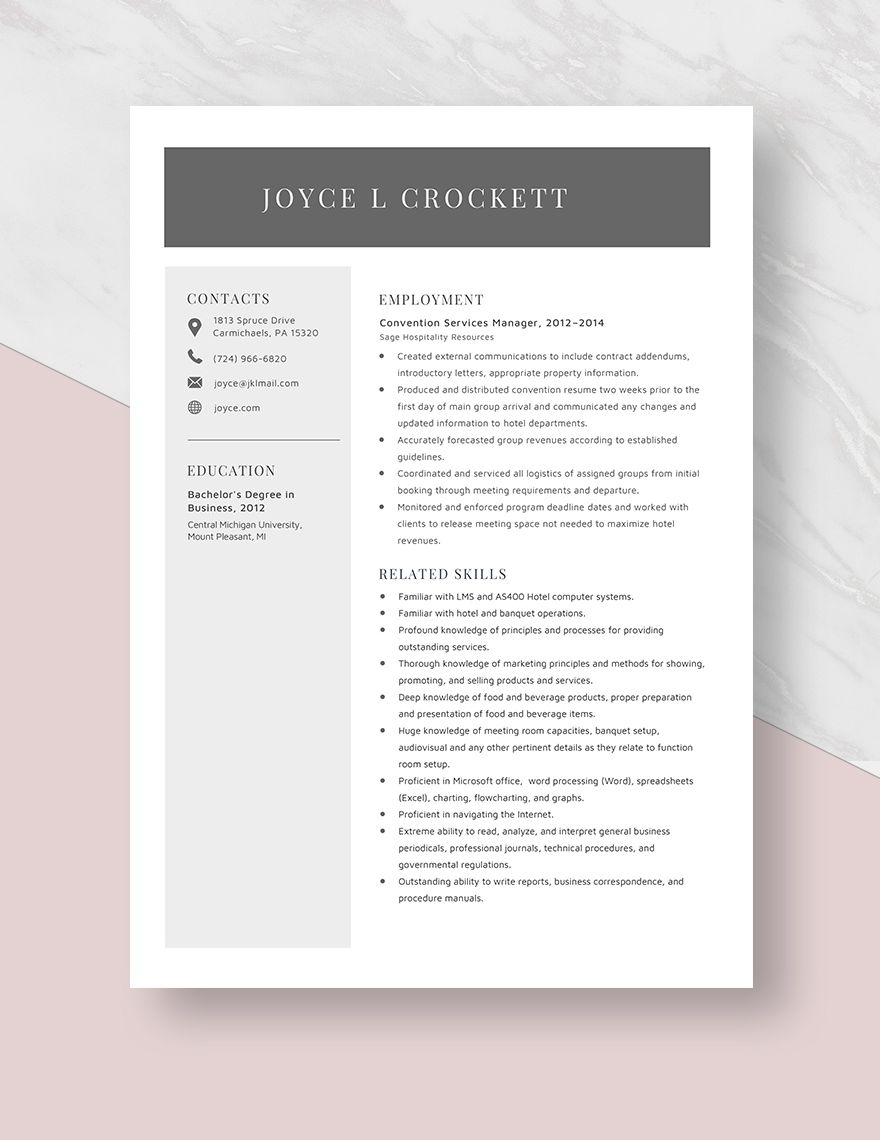 Convention Services Manager Resume