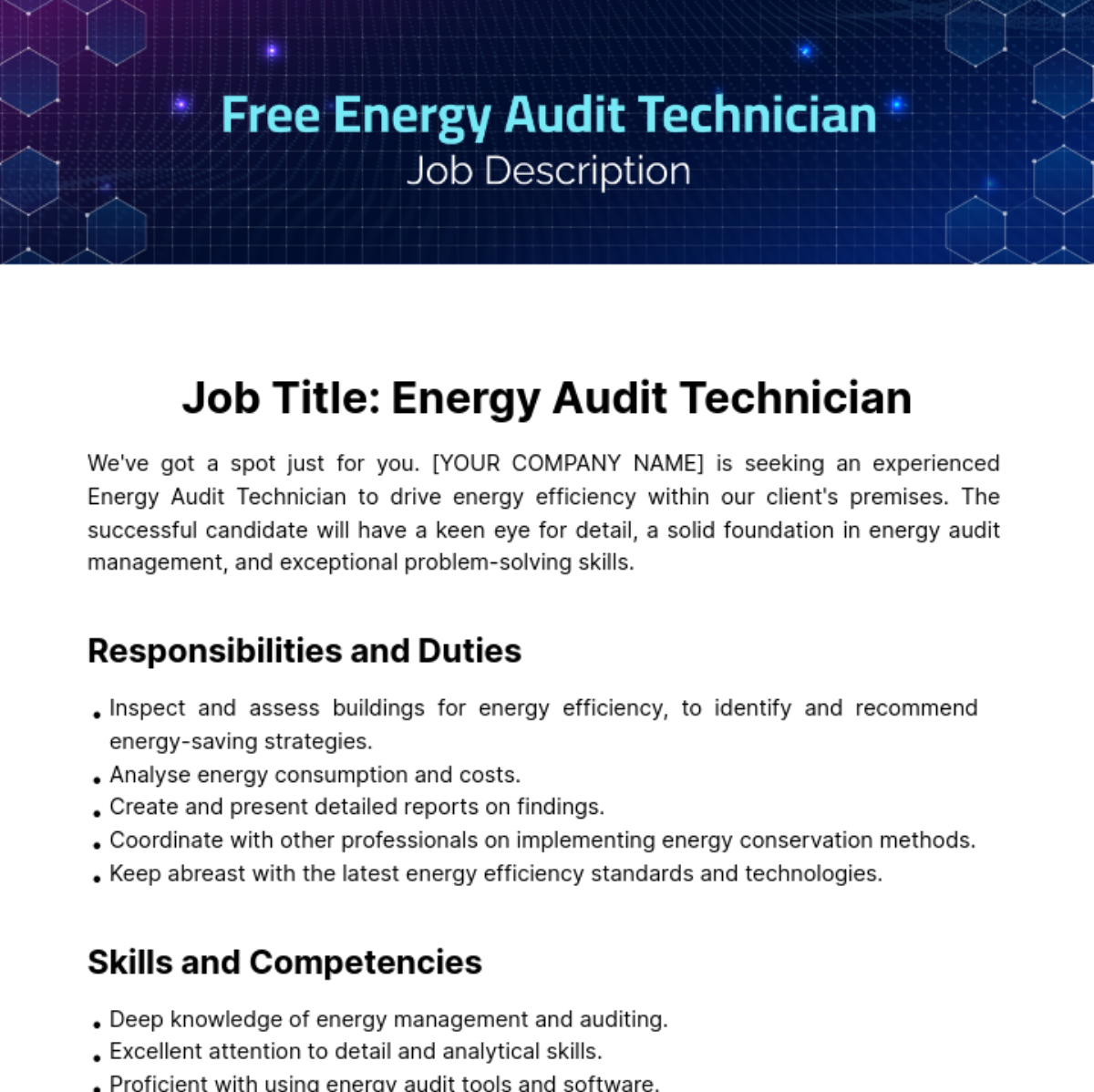 Free Energy Audit Technician Job Description Template
