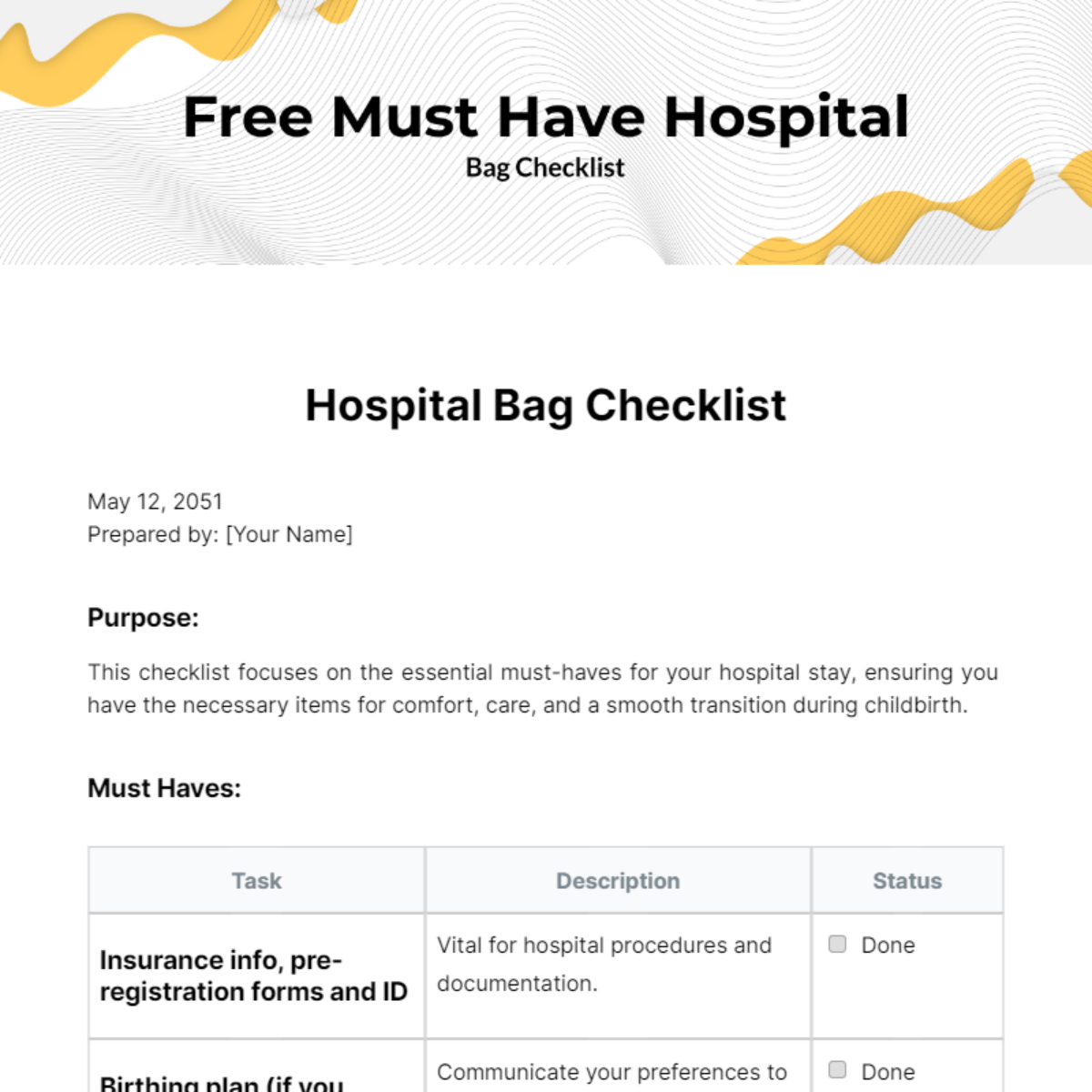 Must Have Hospital Bag Checklist Template