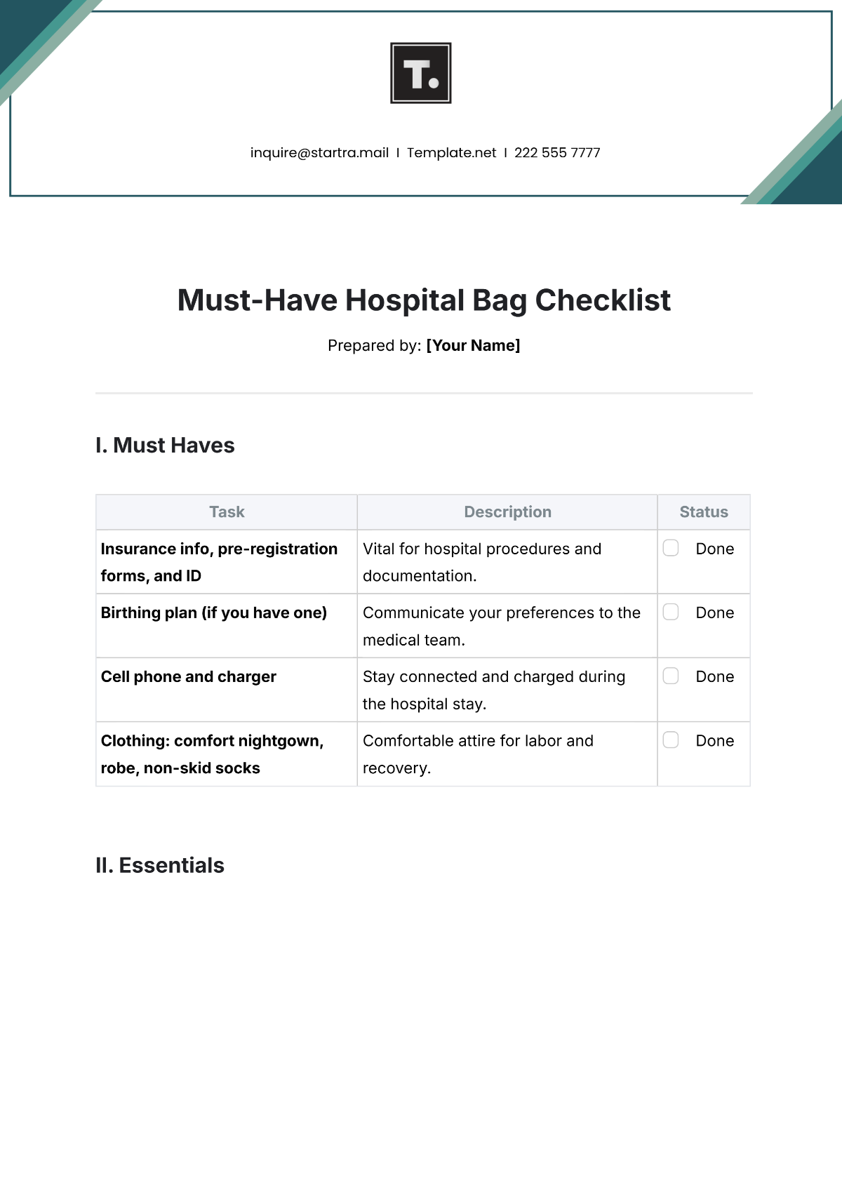 Free Must Have Hospital Bag Checklist Template