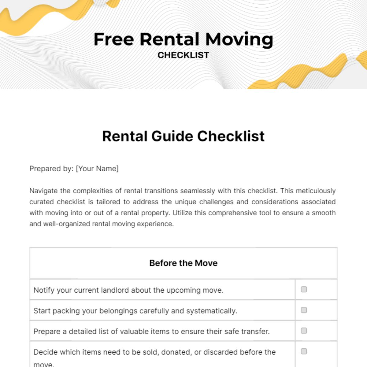 Rental Moving Checklist Template