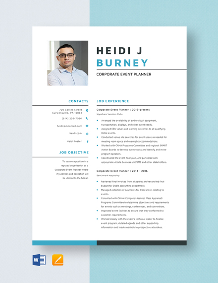 Corporate Event Planner Resume Template - Word, Apple Pages