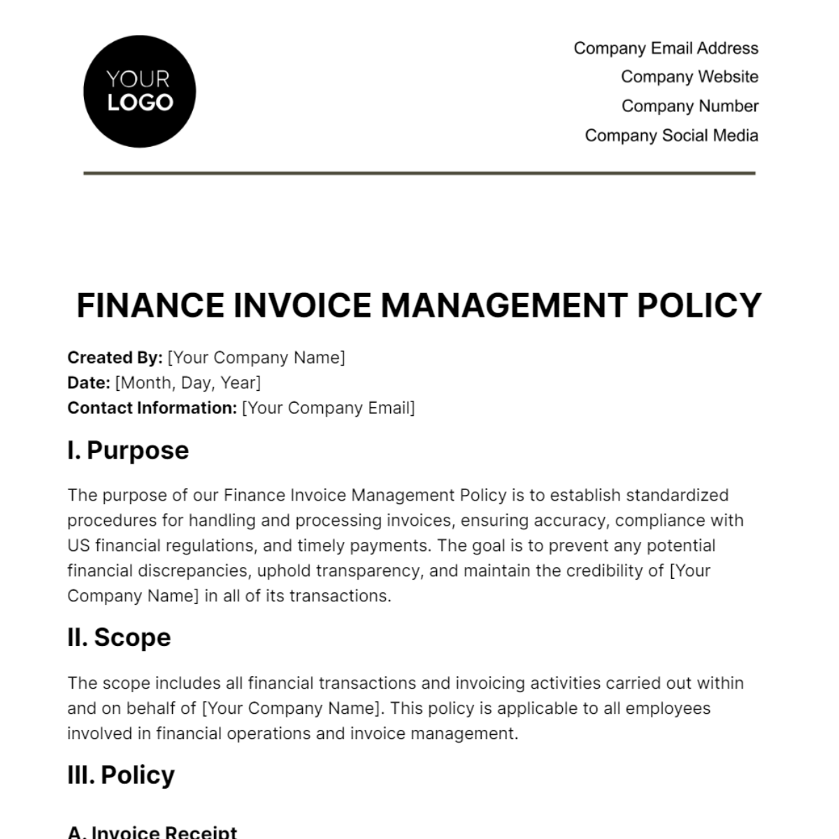 Finance Invoice Management Policy Template