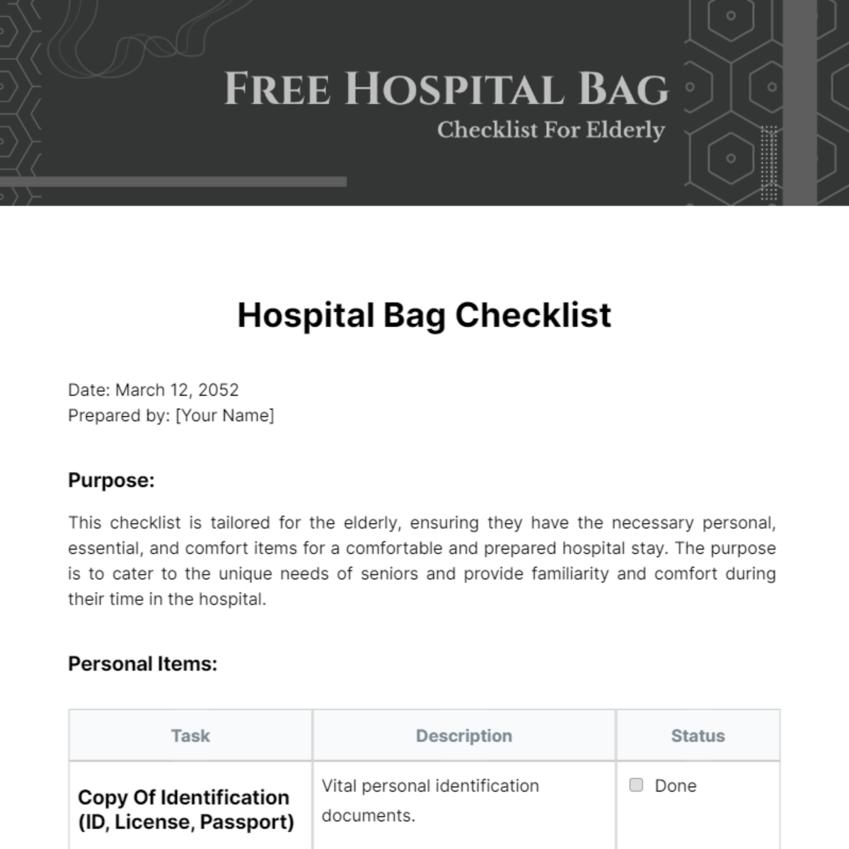Free Hospital Bag Checklist For Elderly Template