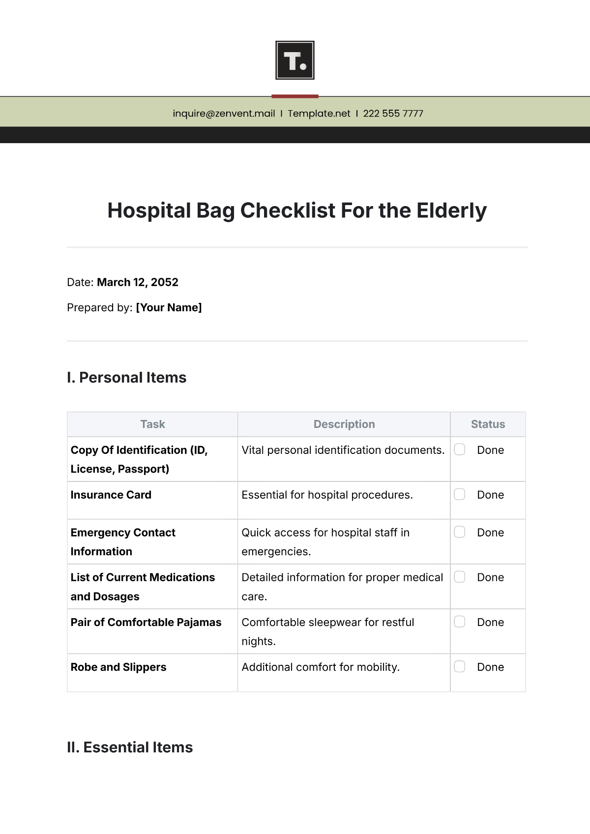 Free Hospital Bag Checklist For Elderly Template