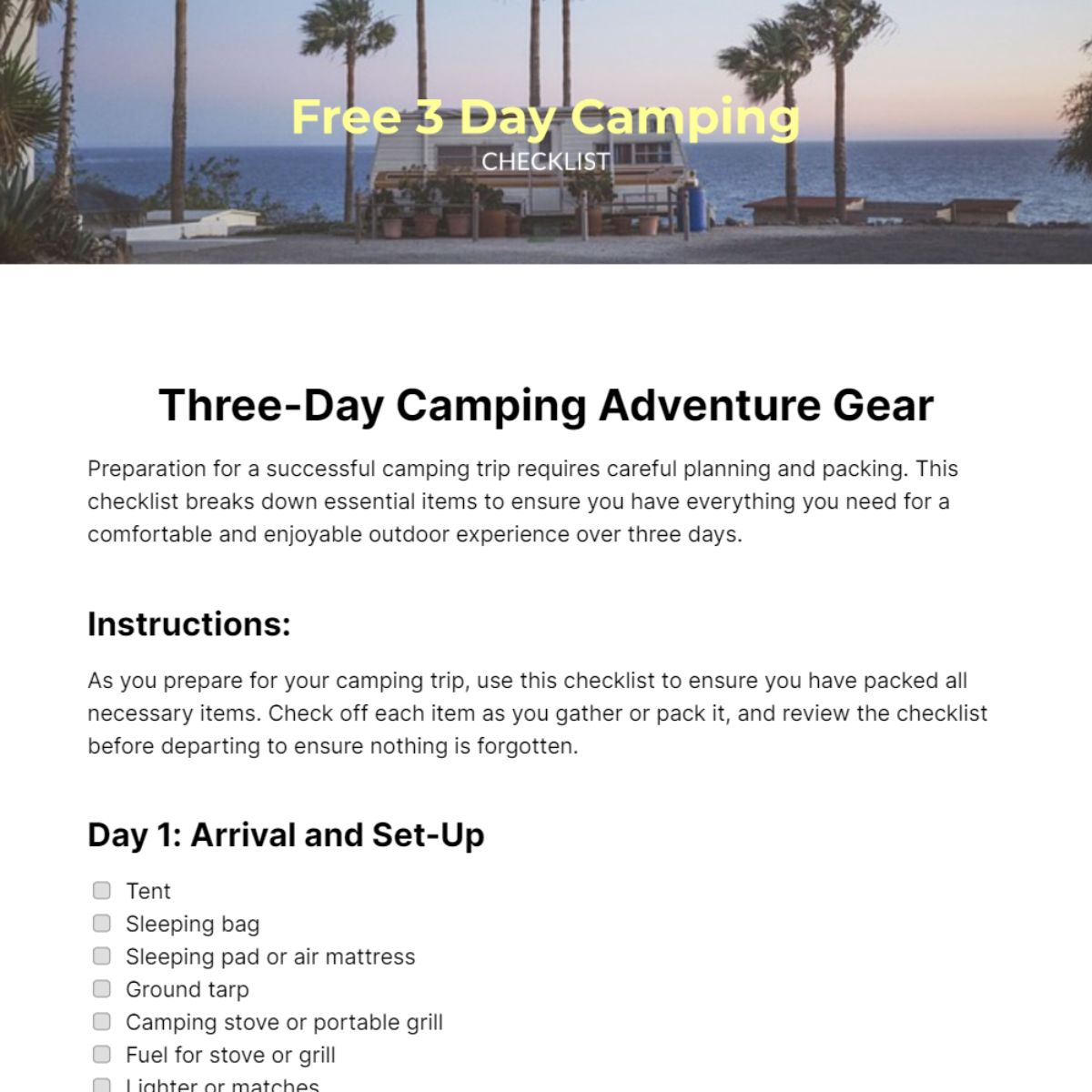 3 Day Camping Checklist Template