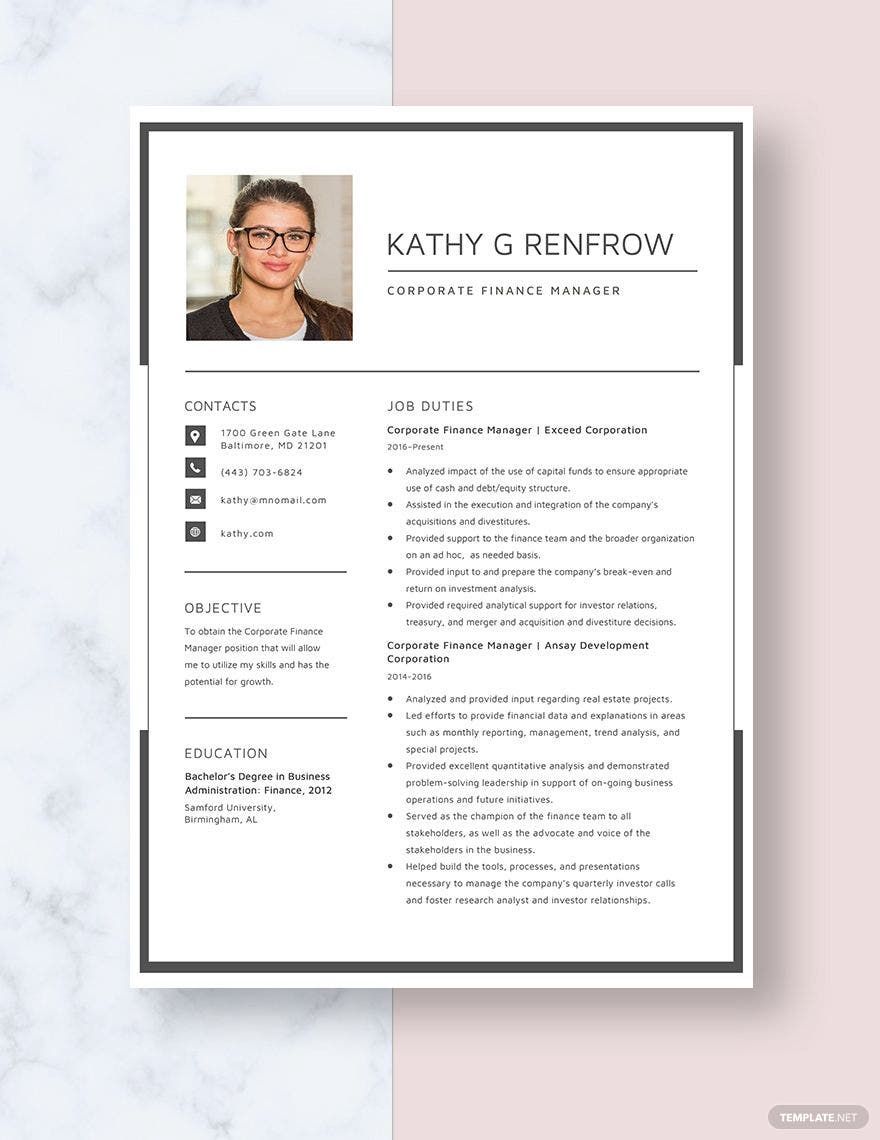 Corporate Finance Manager Resume Template