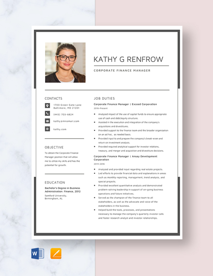 Corporate Finance Manager Resume Template - Word, Apple Pages