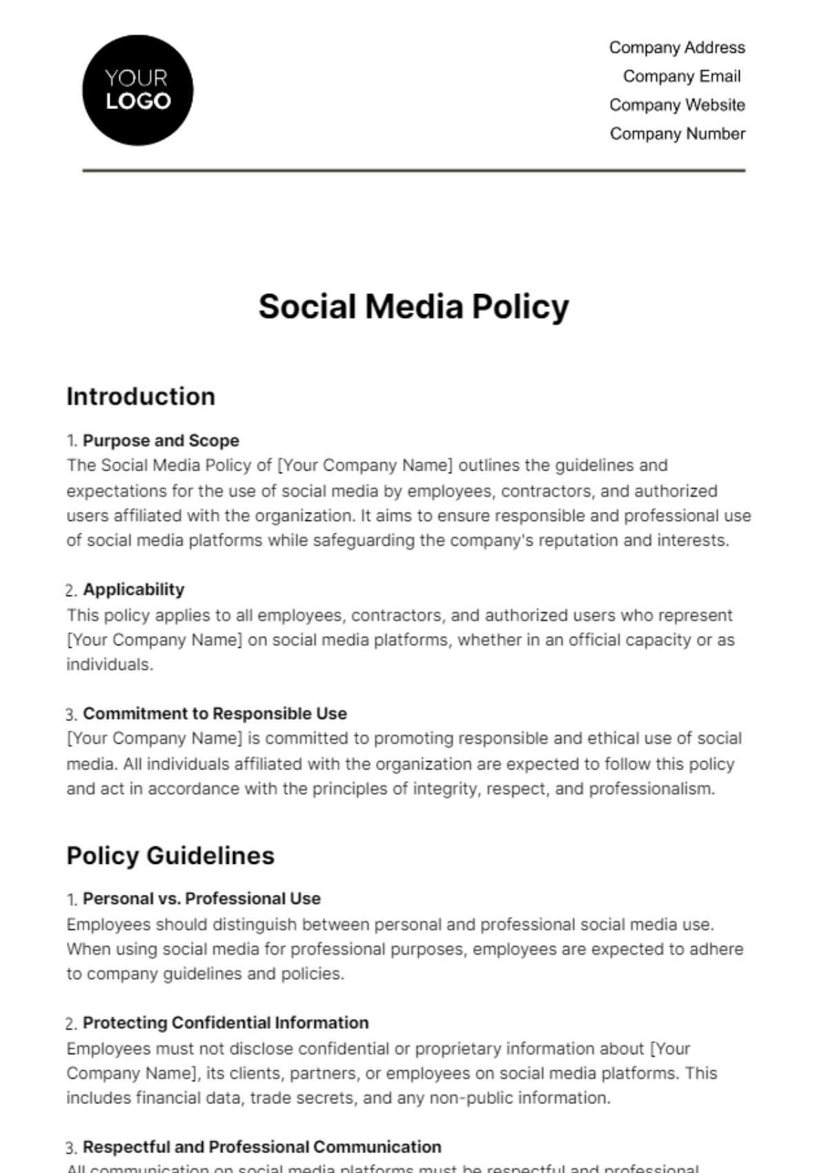 Social Media Policy HR Template