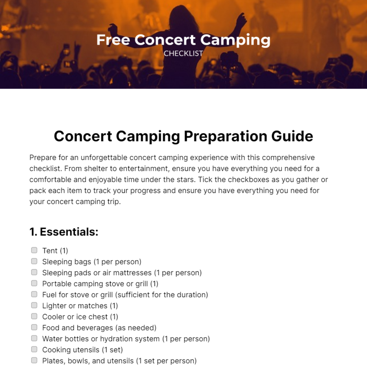 Concert Camping Checklist Template