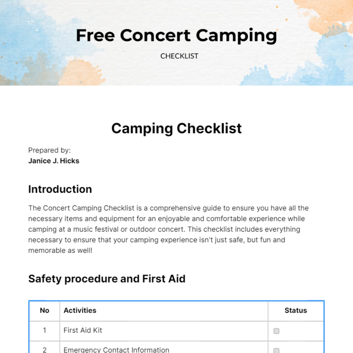 Concert Camping Checklist Template Edit Online & Download Example