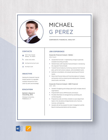 Corporate Financial Analyst Resume Template - Word, Apple Pages
