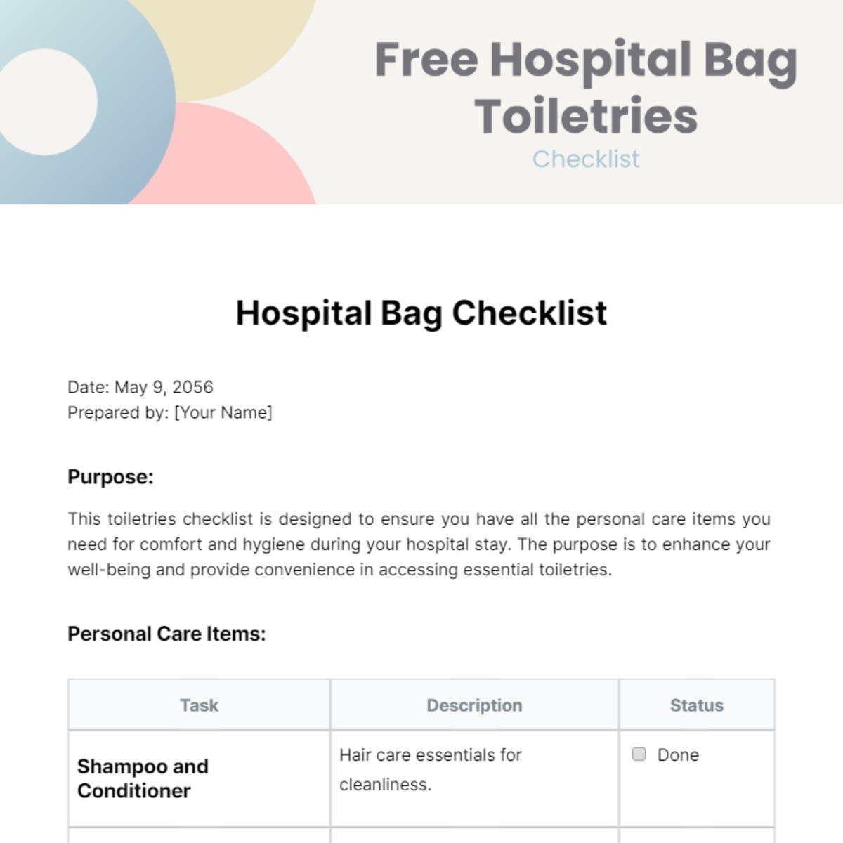 Free Hospital Bag Toiletries Checklist Template