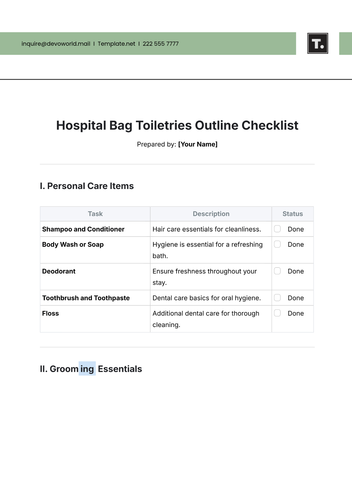 Free Hospital Bag Toiletries Outline Checklist Template