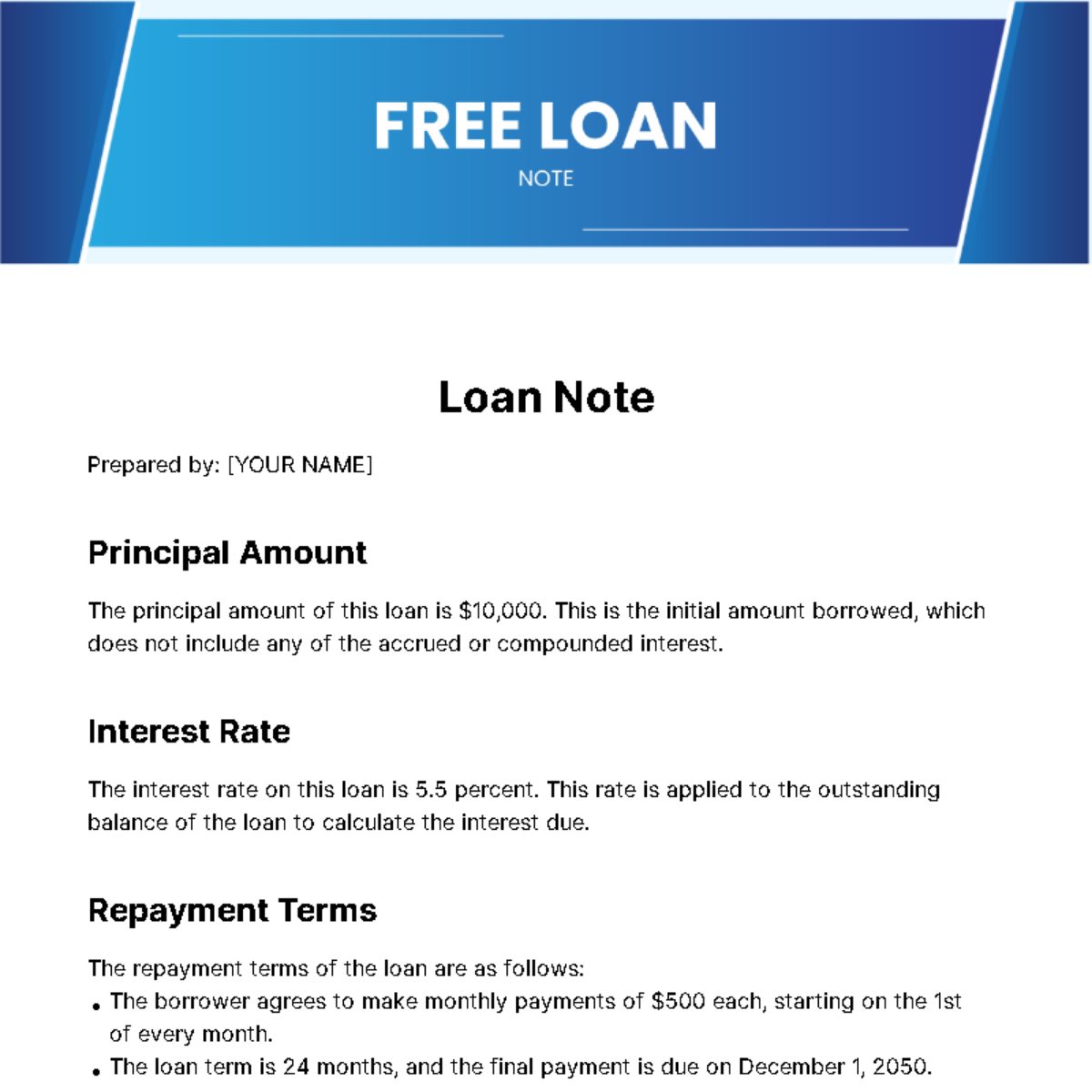 Free Loan Note Template