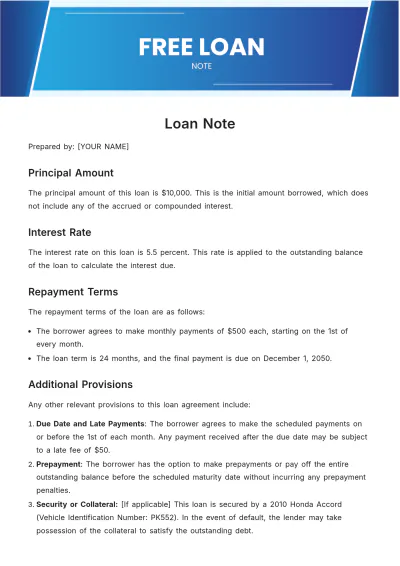 Free Loan Note Template to Edit Online