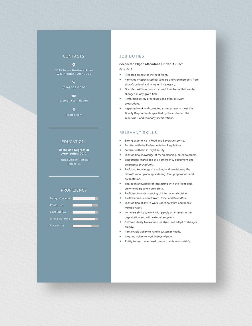 Free Free Corporate Flight Attendant Resume Template - Word, Apple ...