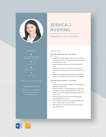Free Corporate Flight Attendant Resume Template - Word, Apple Pages