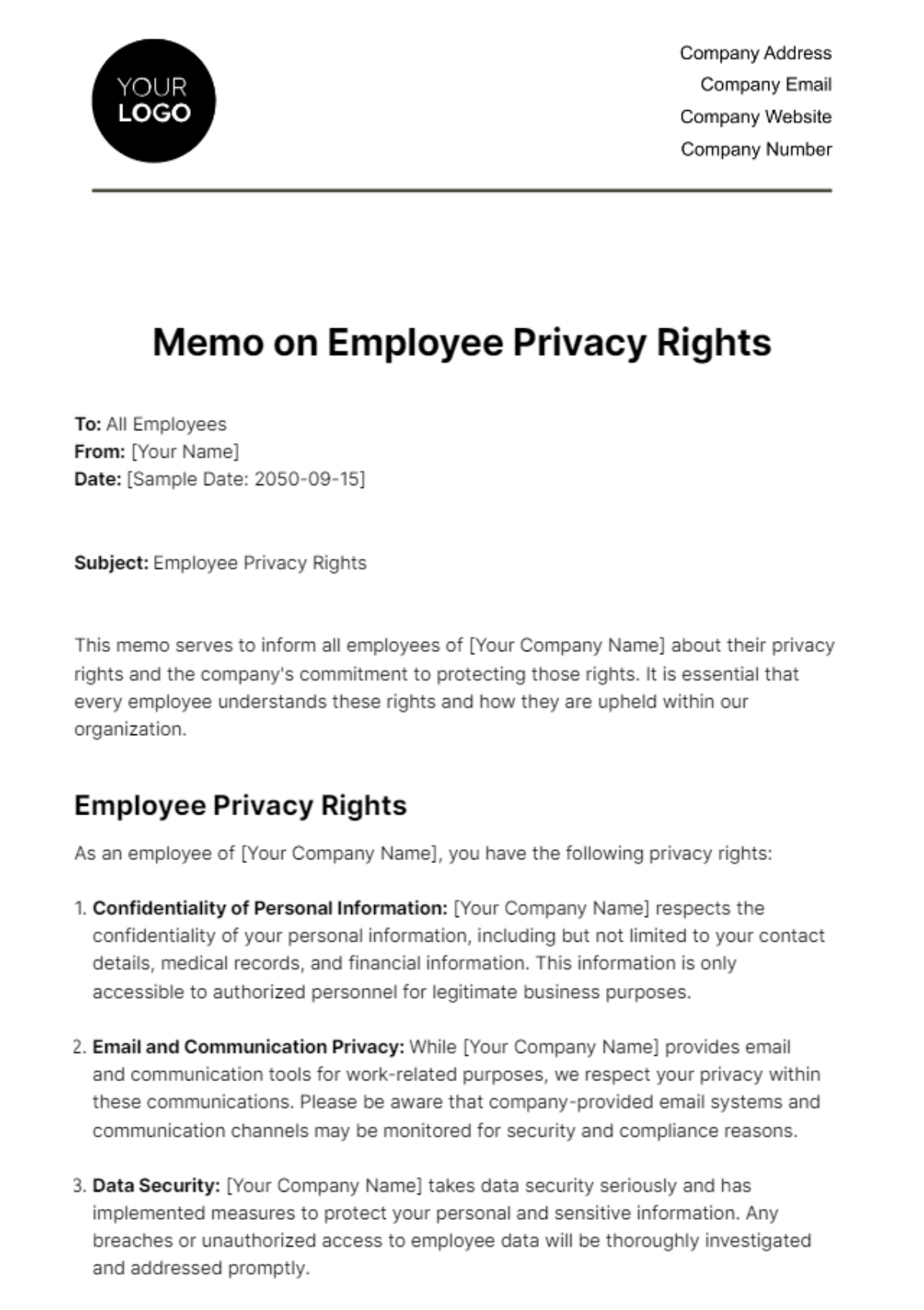 Free Memo on Employee Privacy Rights HR Template