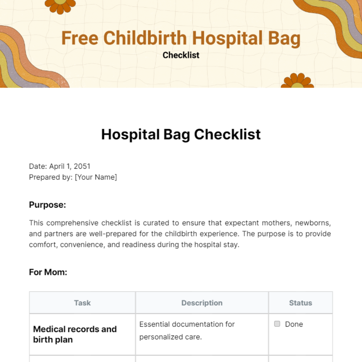 Childbirth Hospital Bag Checklist Template