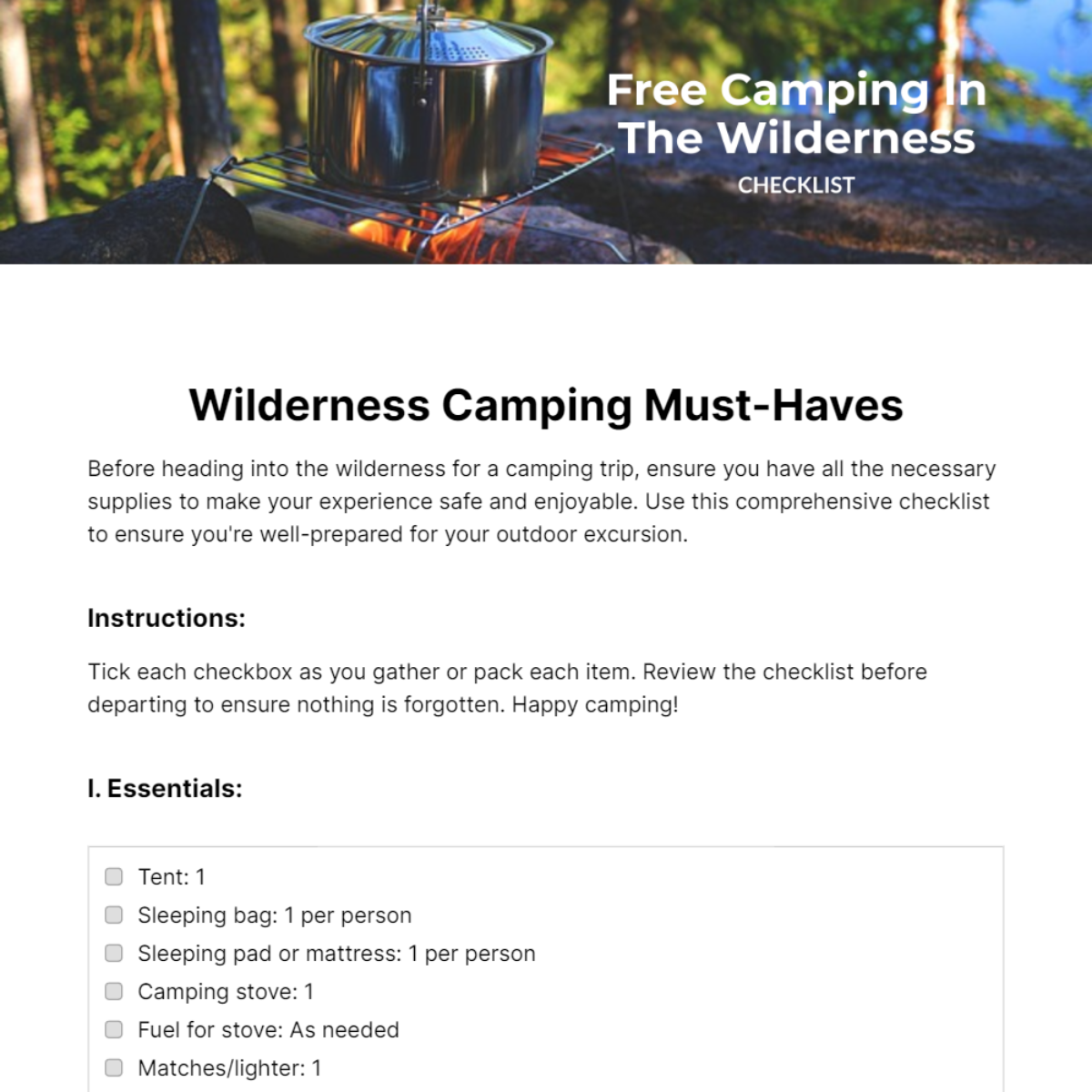 Camping In The Wilderness Checklist Template