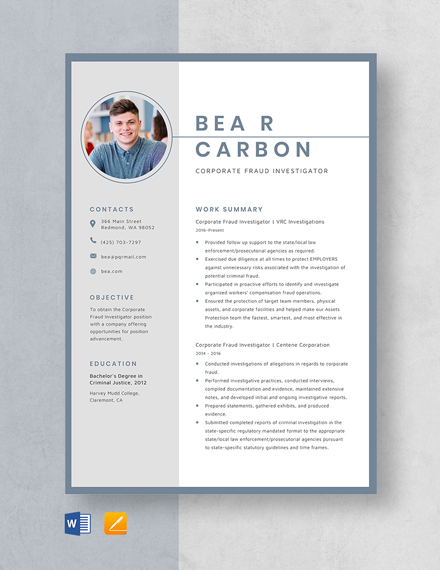 Corporate Fraud Investigator Resume Template - Word, Apple Pages