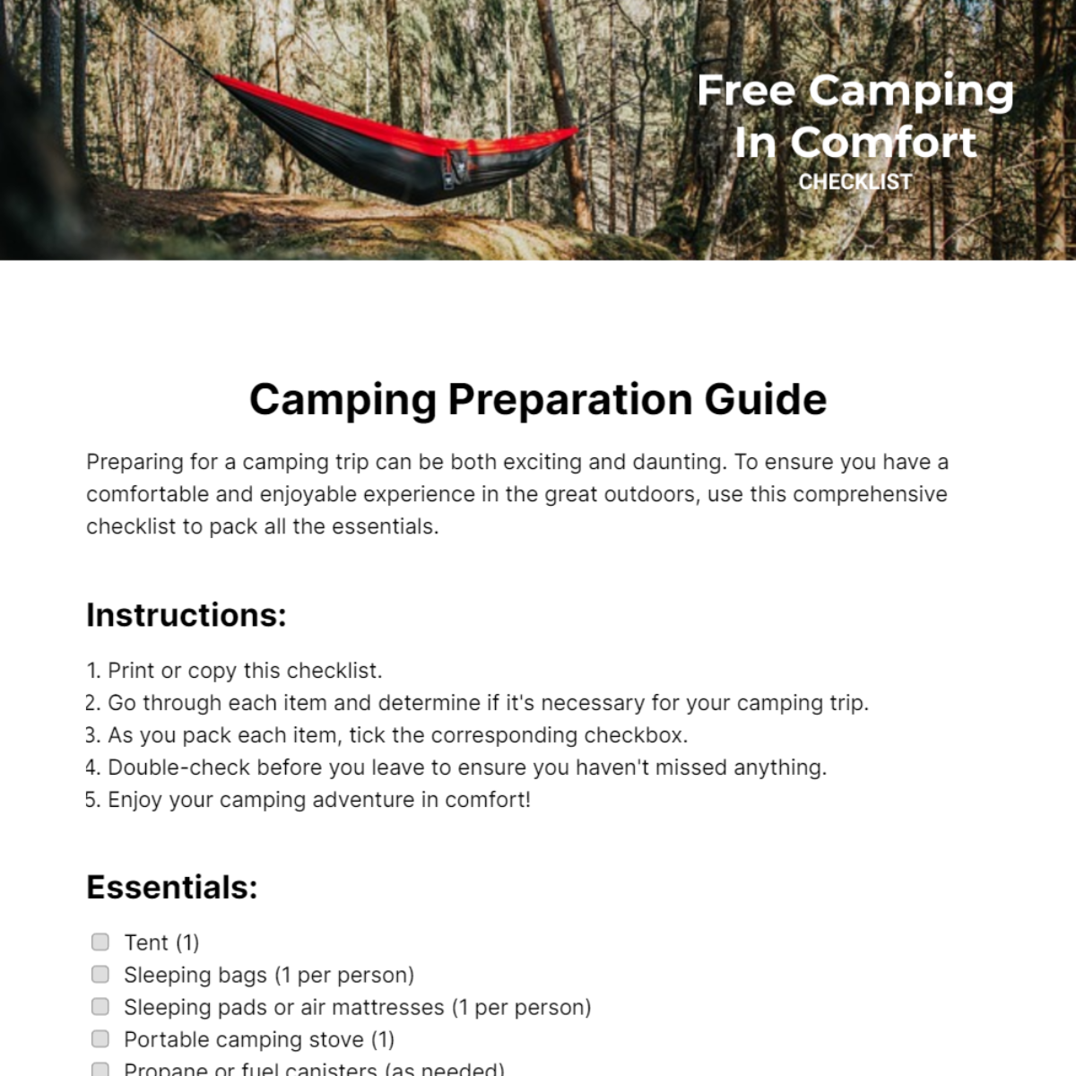 Camping In Comfort Checklist Template