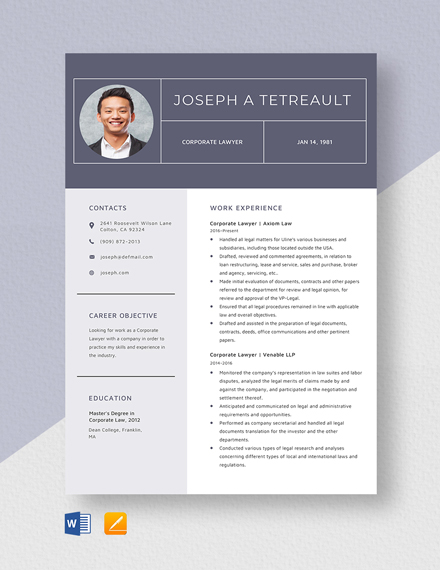 Corporate Lawyer Resume Template - Word, Apple Pages