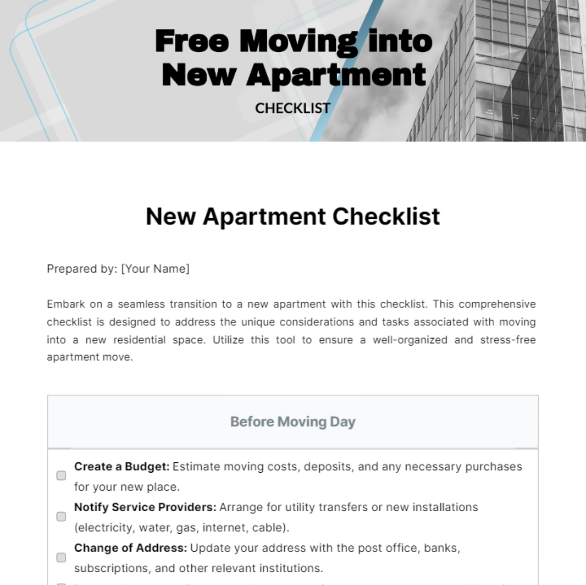 Moving into New Apartment Checklist Template