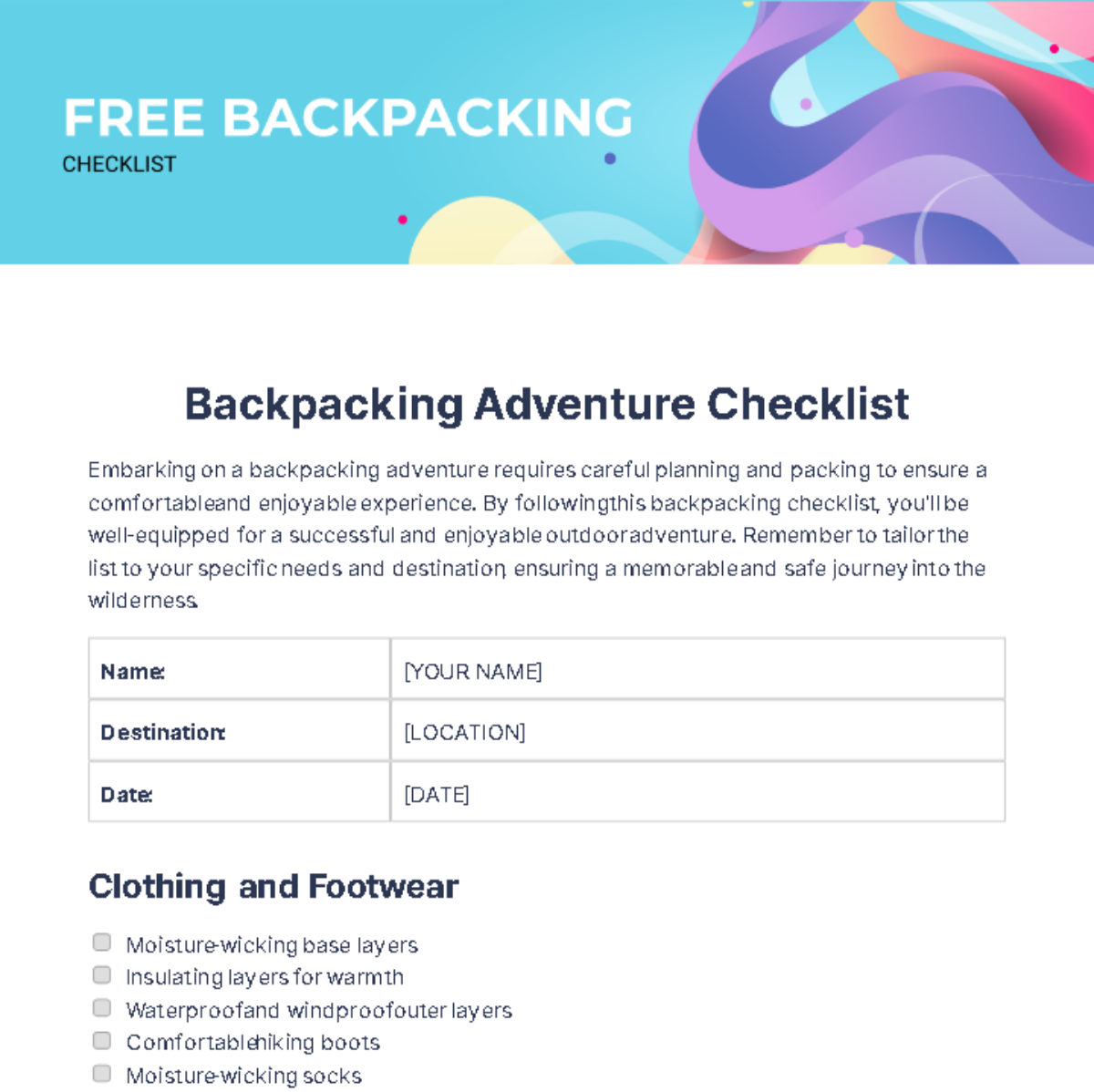 Free Backpacking Checklist Template