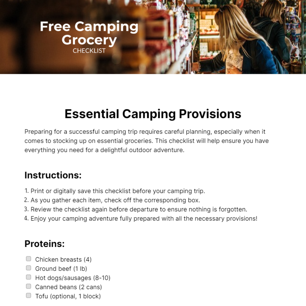 Camping Grocery Checklist Template