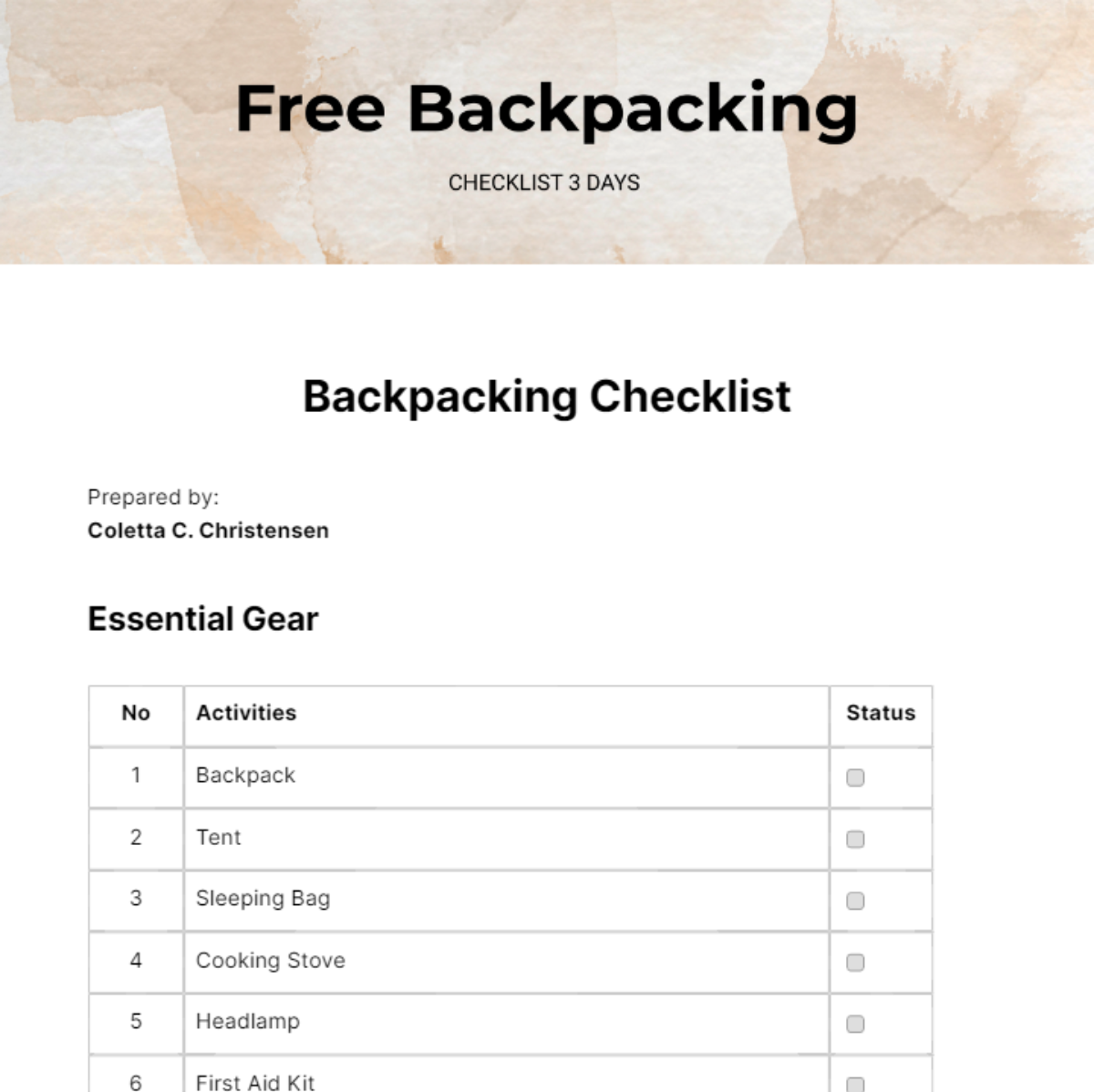 Backpacking Checklist 3 Day - Edit Online & Download Example