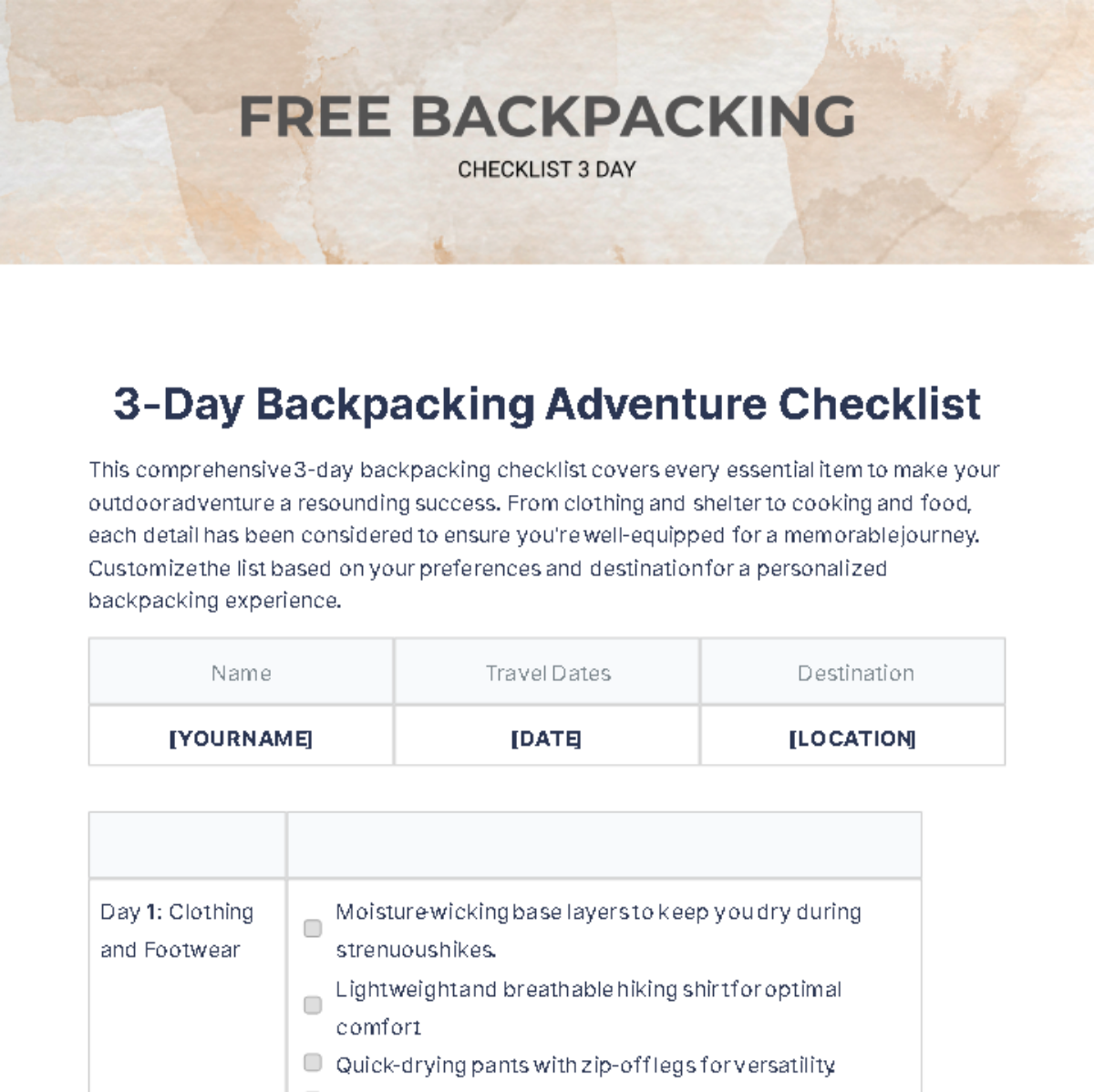 Backpacking Checklist 3 Day Template