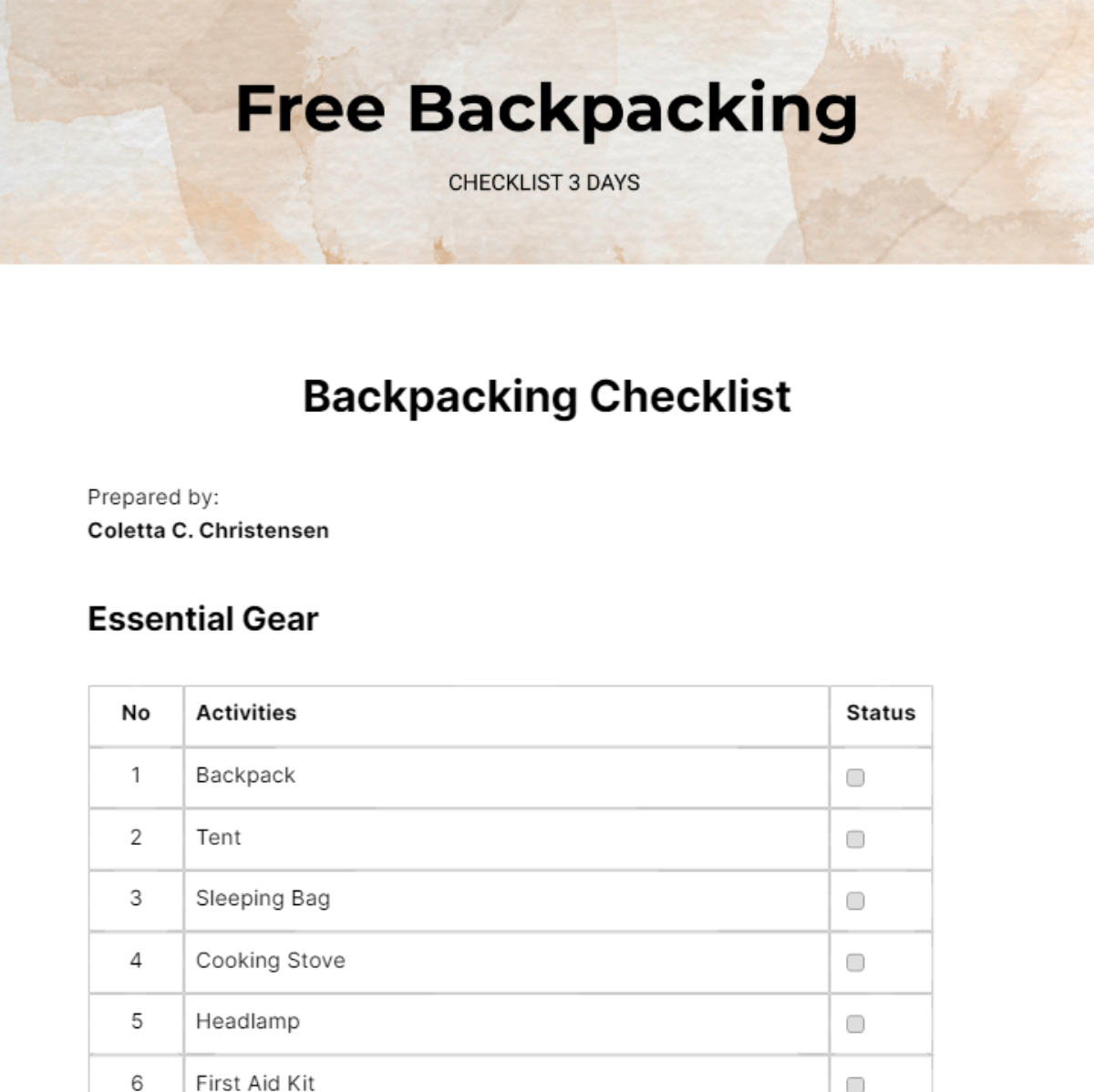 Free Backpacking Checklist 3 Day - Edit Online & Download