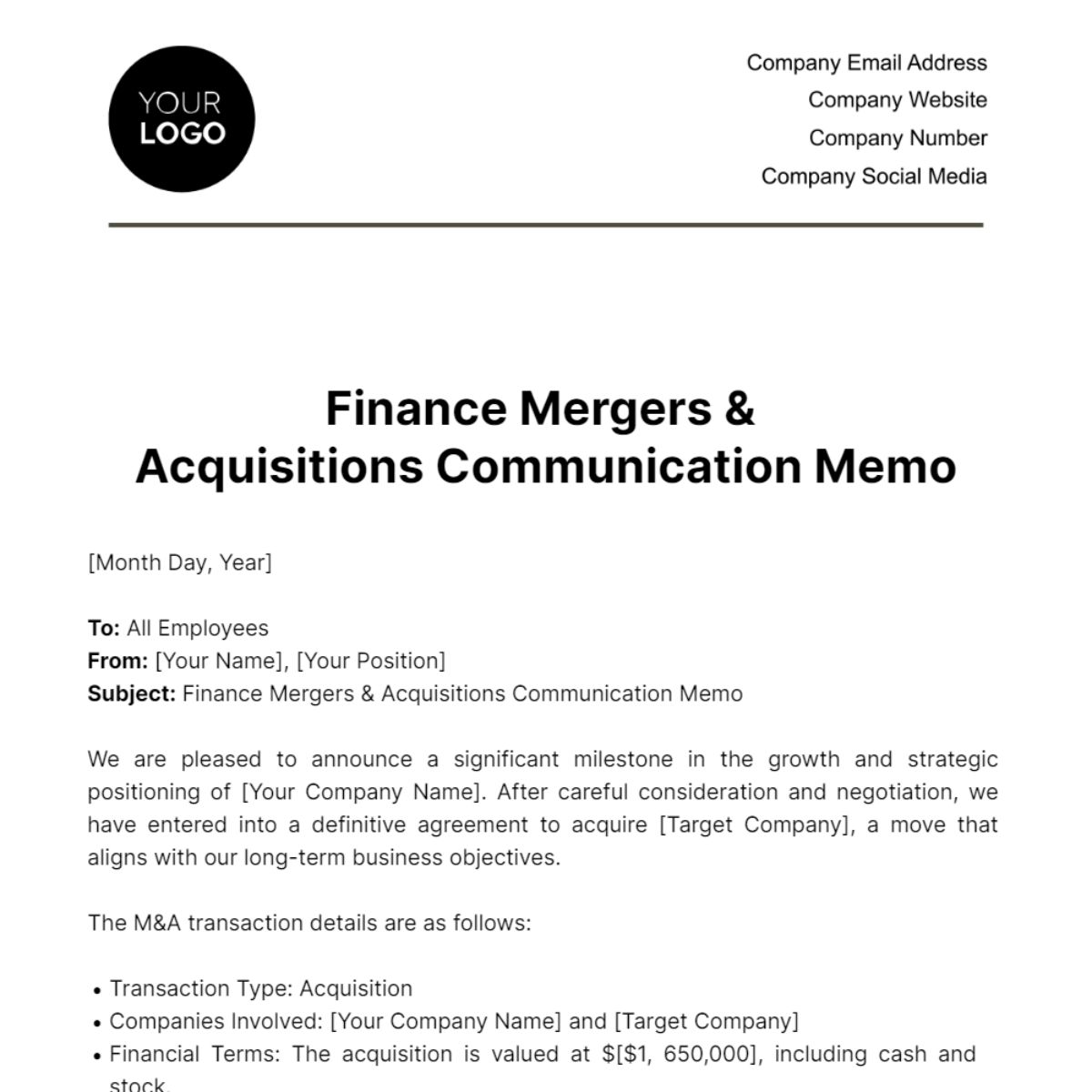 Finance Mergers & Acquisitions Communication Memo Template