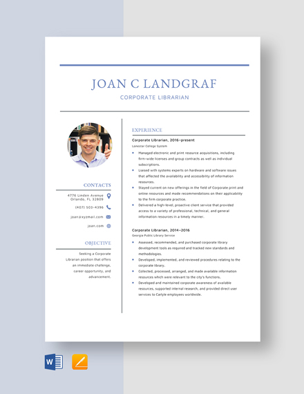 Corporate Librarian Resume Template - Word, Apple Pages