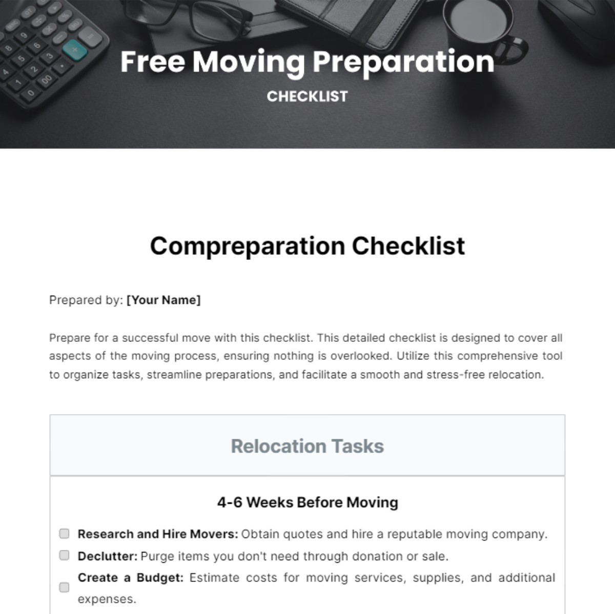 Moving Preparation Checklist Template