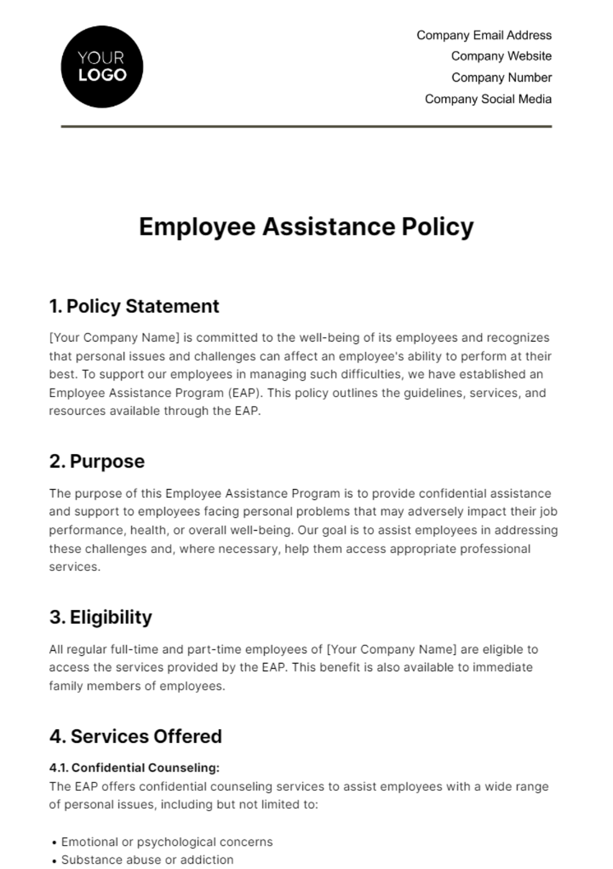 Employee Assistance Policy HR Template