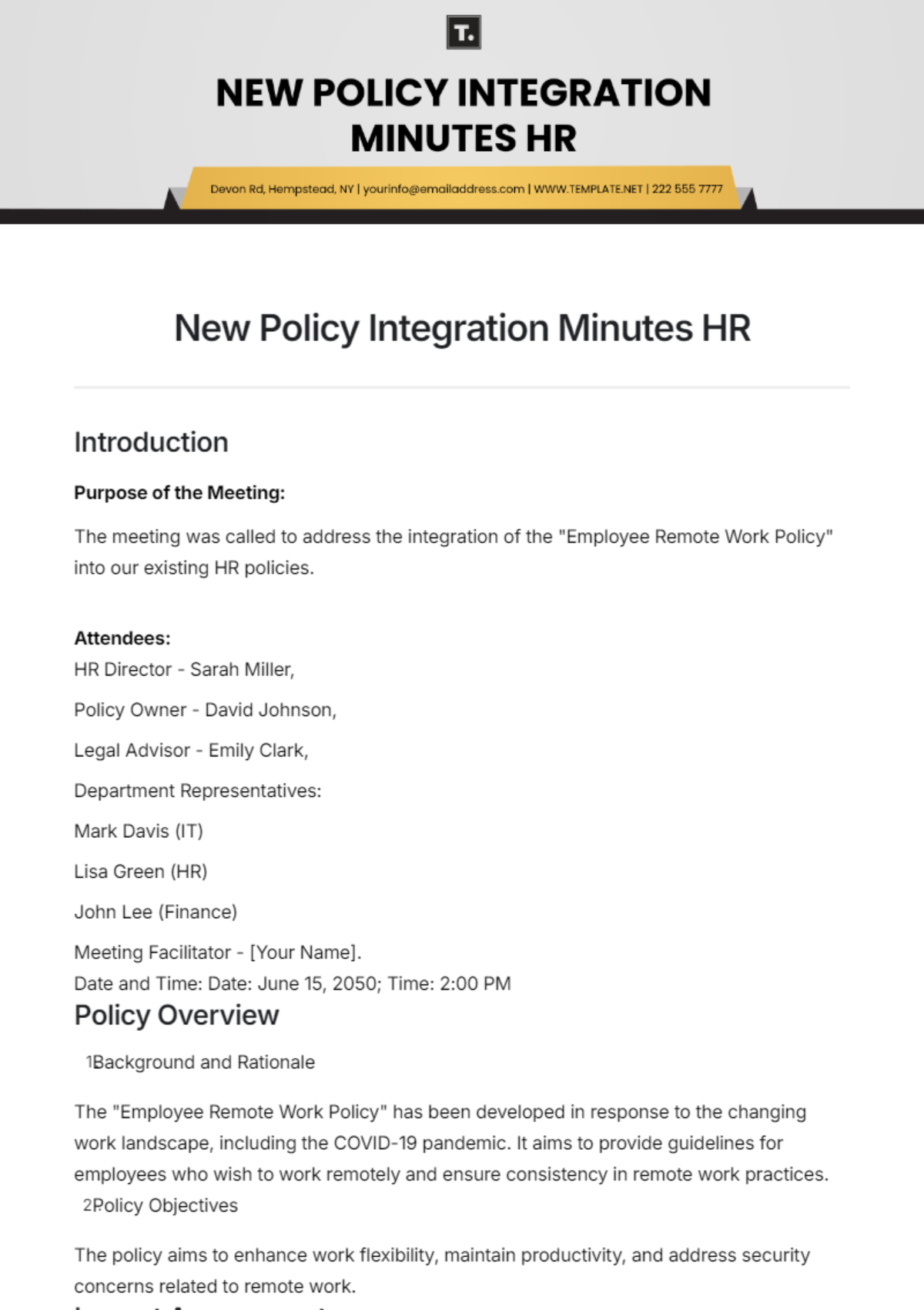 New Policy Integration Minutes HR Template - Edit Online & Download