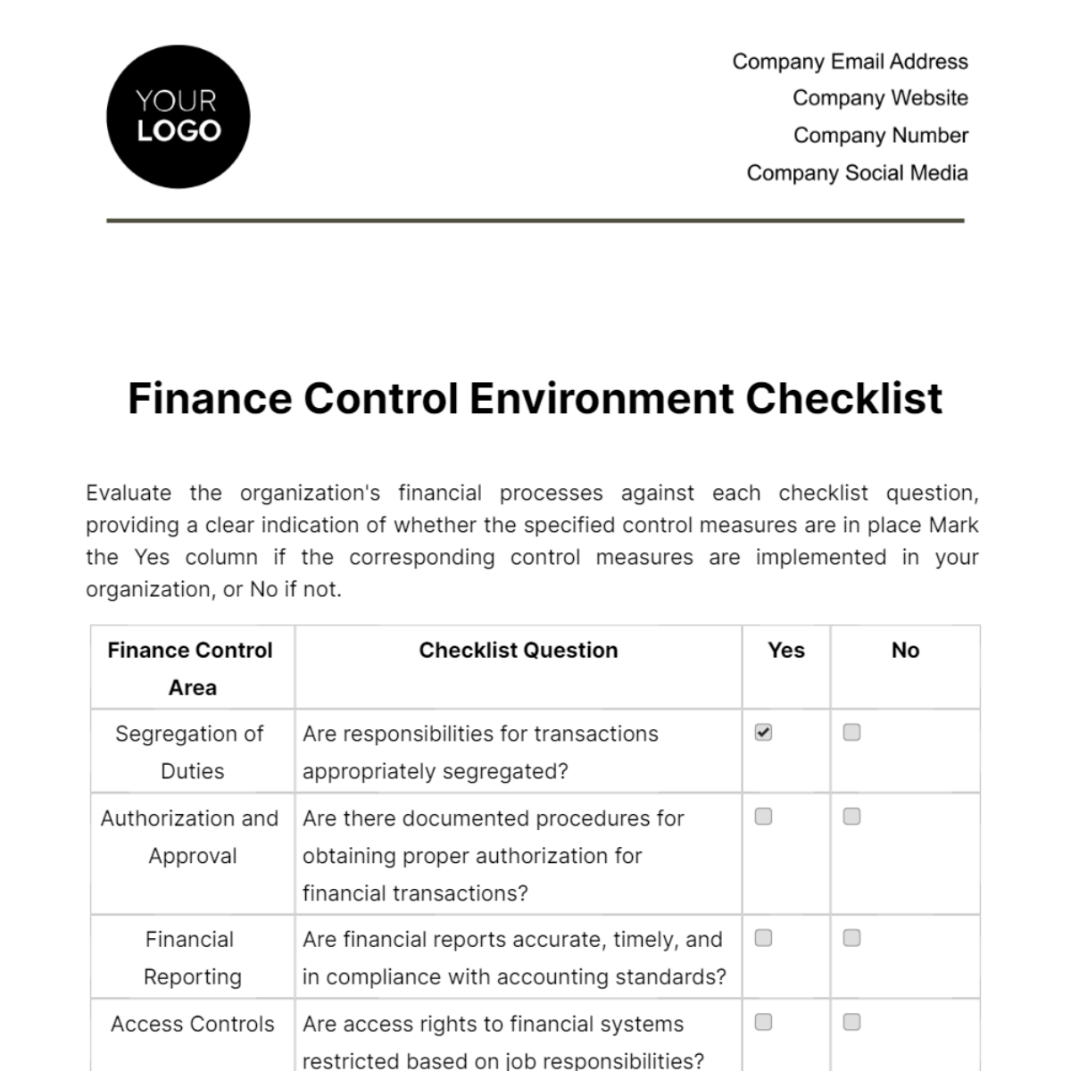 Finance Control Environment Checklist Template - Edit Online & Download