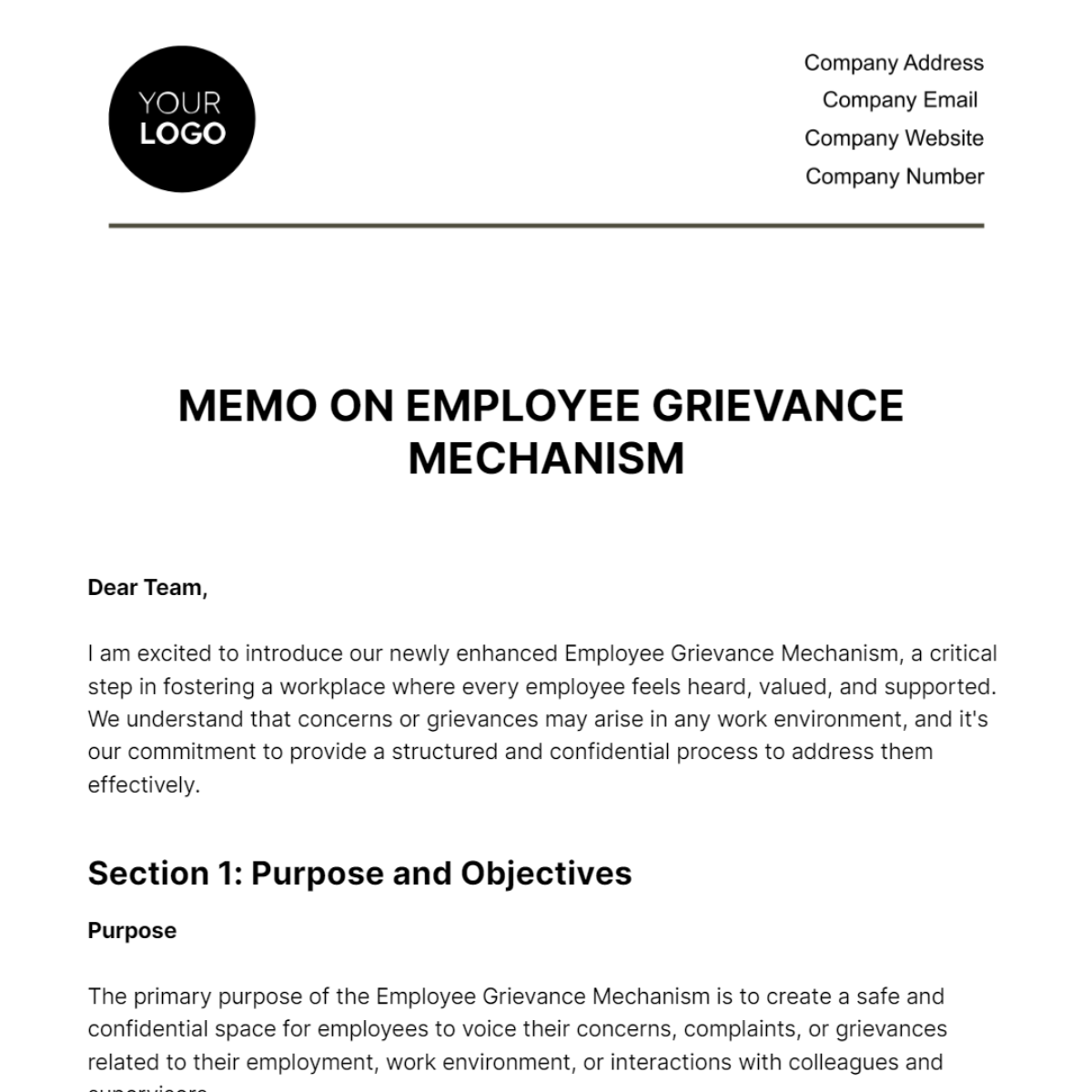 Memo on Employee Grievance Mechanism HR Template