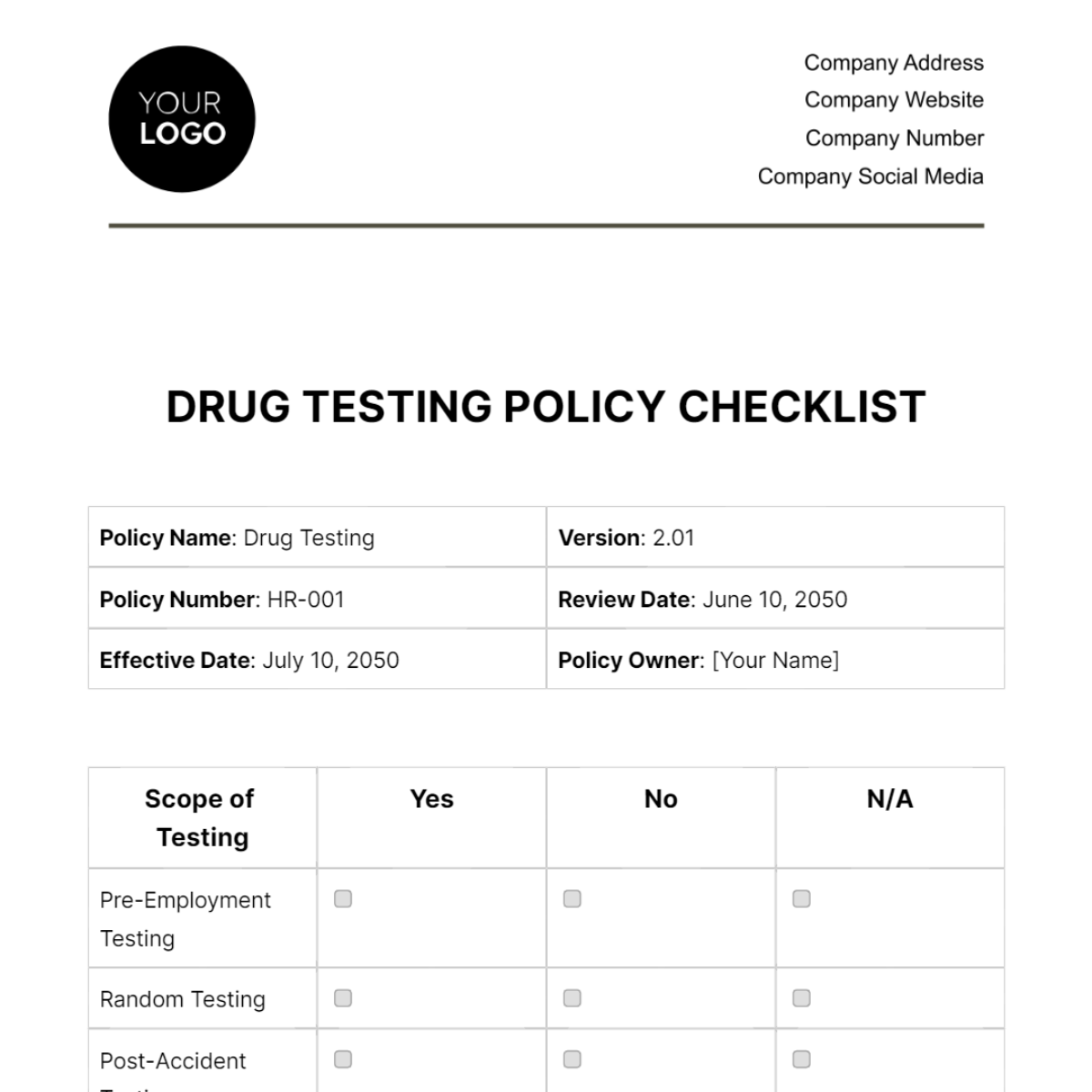 Drug Testing Policy Checklist HR Template
