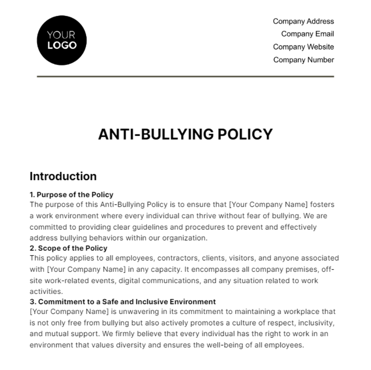 Anti-Bullying Policy HR Template - Edit Online & Download Example ...