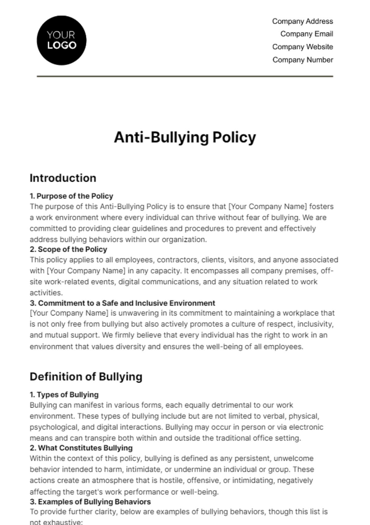 Anti-Bullying Policy HR Template