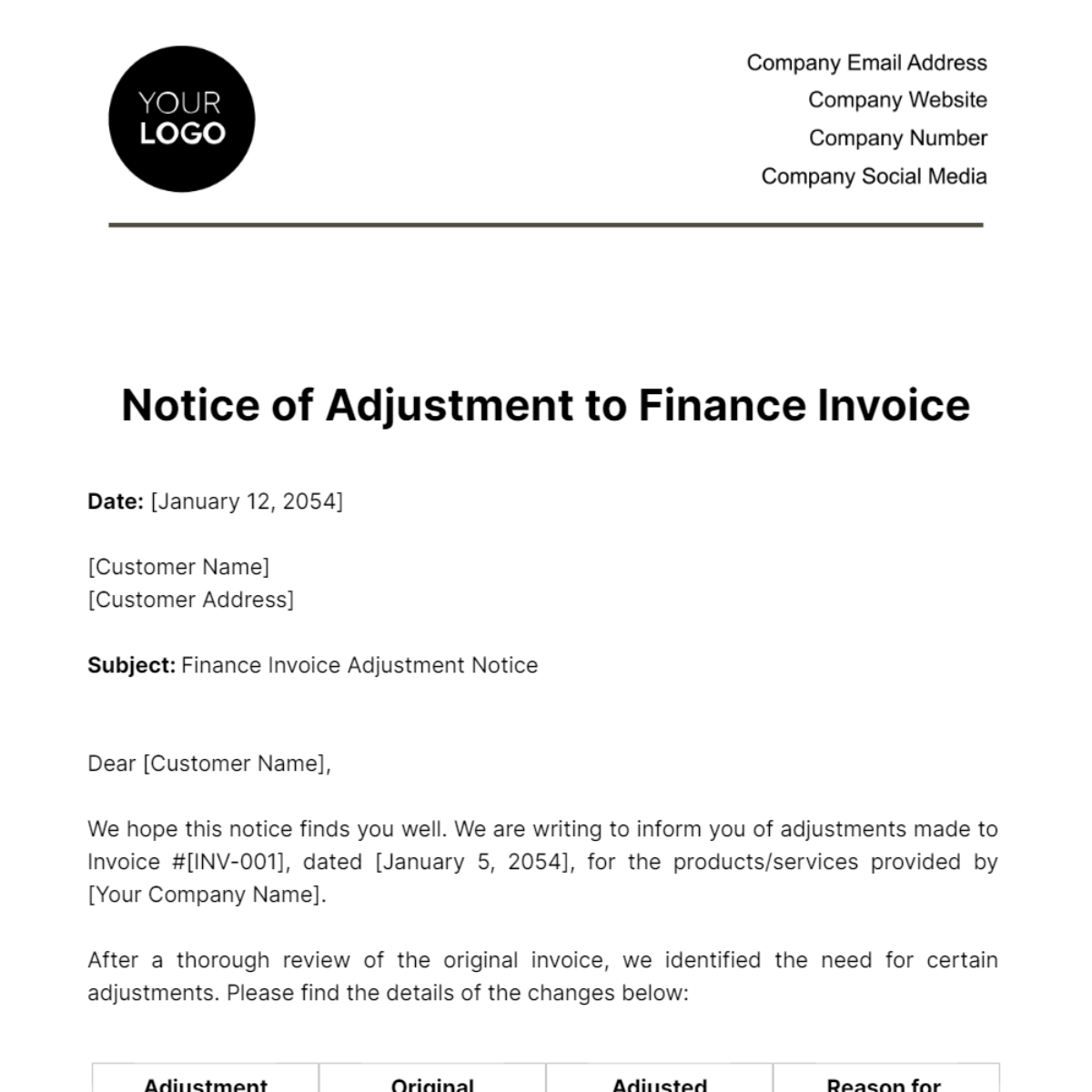 Finance Invoice Adjustment Notice Template
