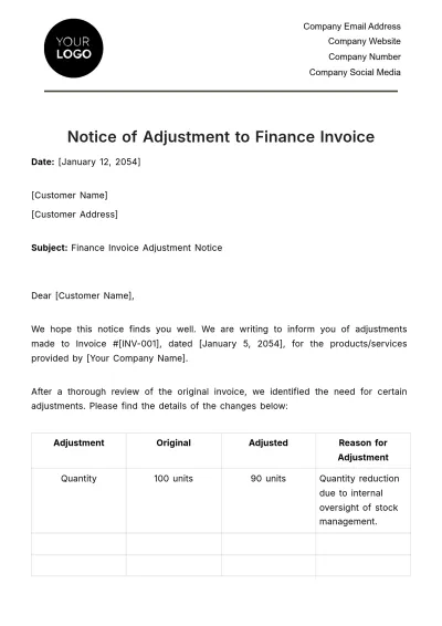 Free Finance Invoice Adjustment Notice Template & AI Invoice Maker