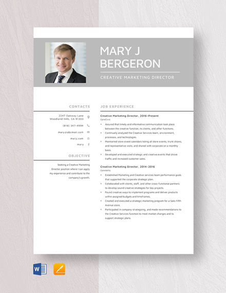 Creative Marketing Director Resume Template - Word, Apple Pages