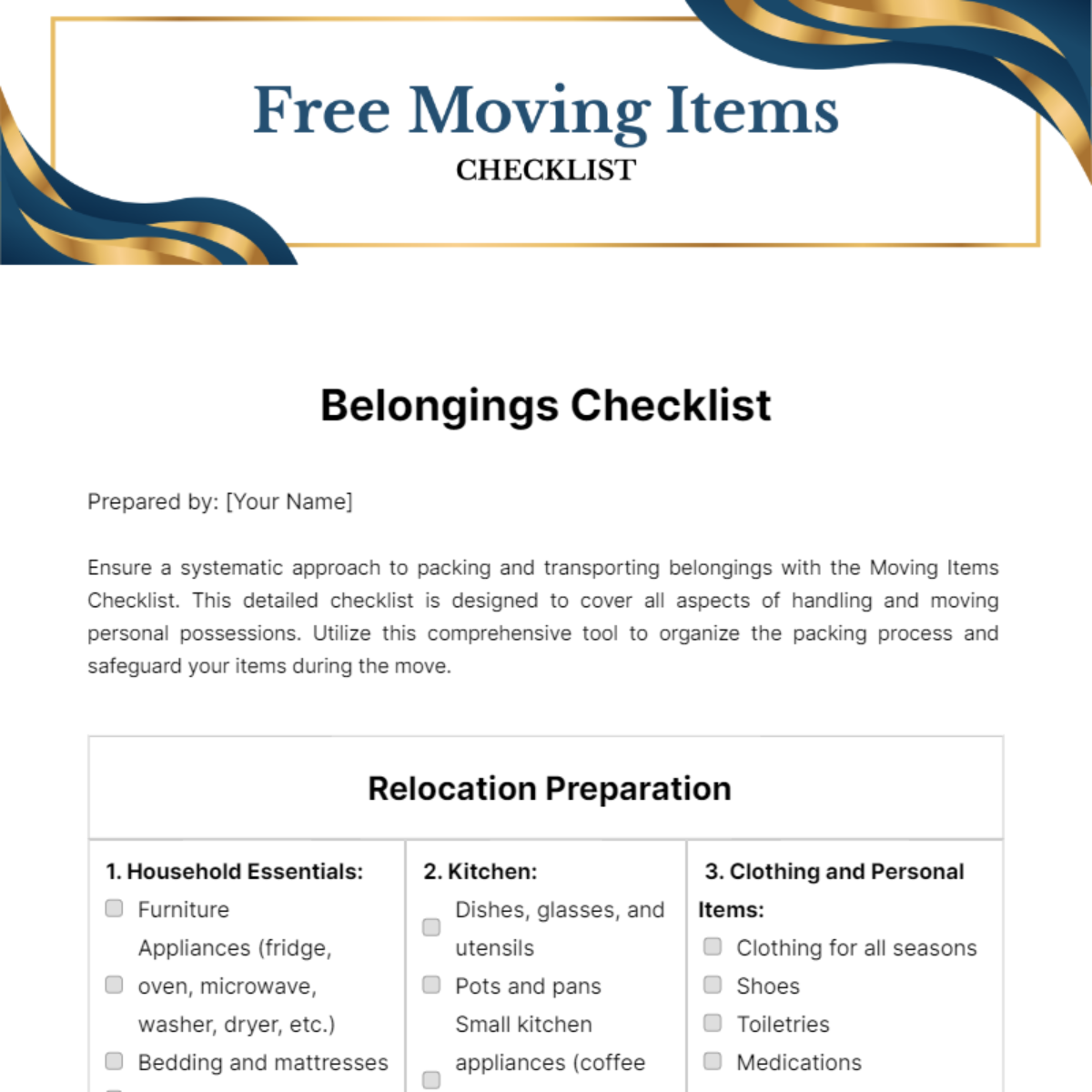 Moving Items Checklist Template