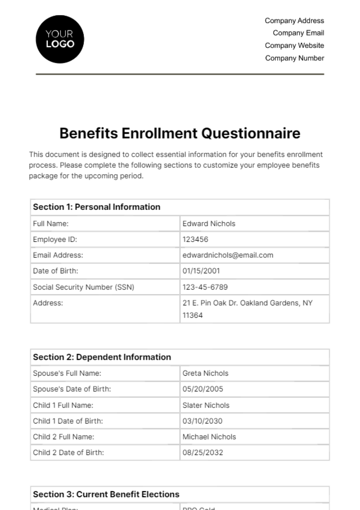 Free Benefits Enrollment Questionnaire HR Template